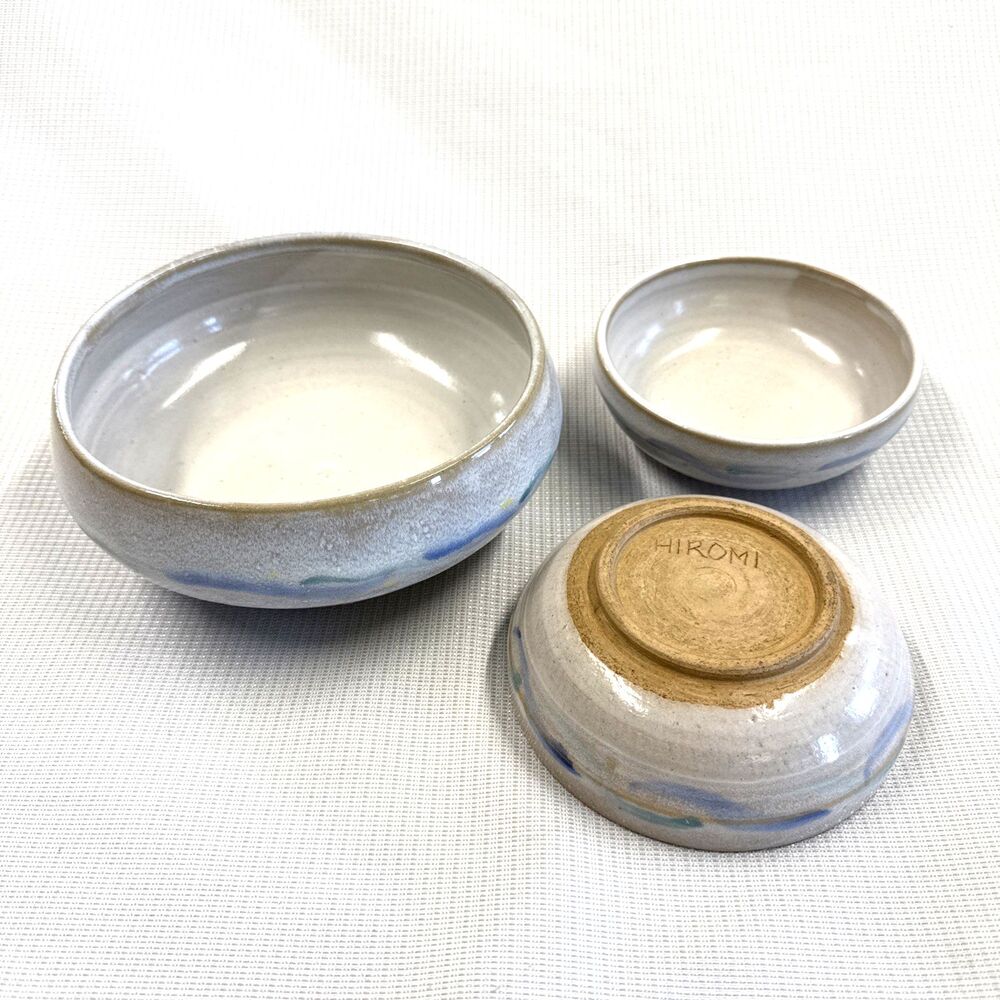Vintage Japanese Pottery - 3 Bowls - Green, Blue, Yellow, Brown - Signed Hiromi